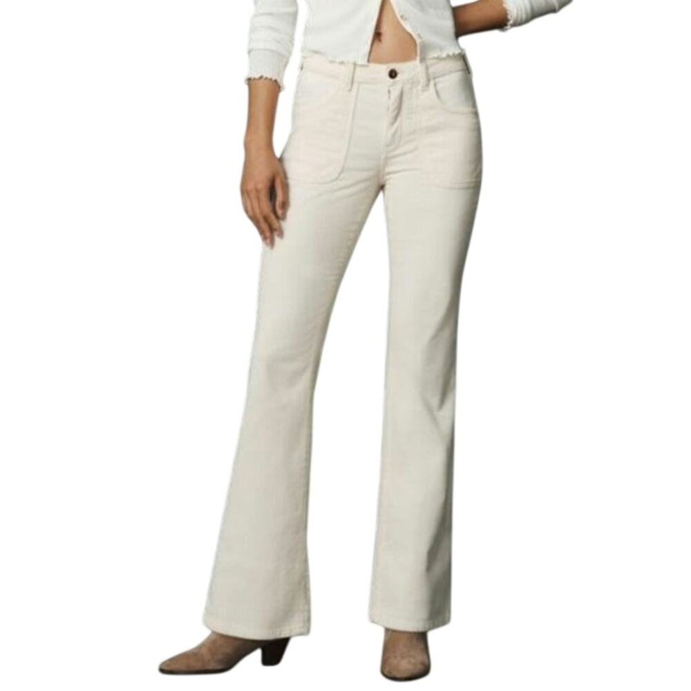 Pilcro The Icon Low-Rise Corduroy Chop Pocket Flare Jean Cream Boho Chic